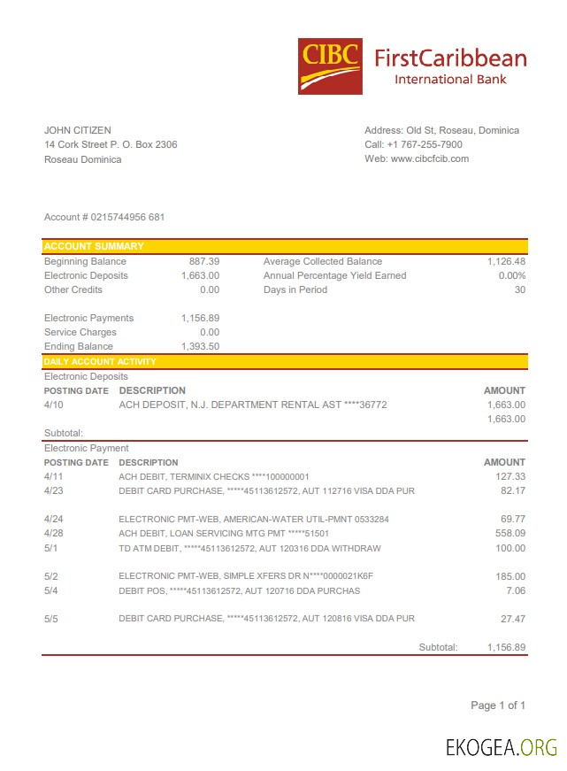 Modèle de relevé facile à remplir de la Dominique CIBC First Caribbean International Bank au format de fichier .xls et .pdf